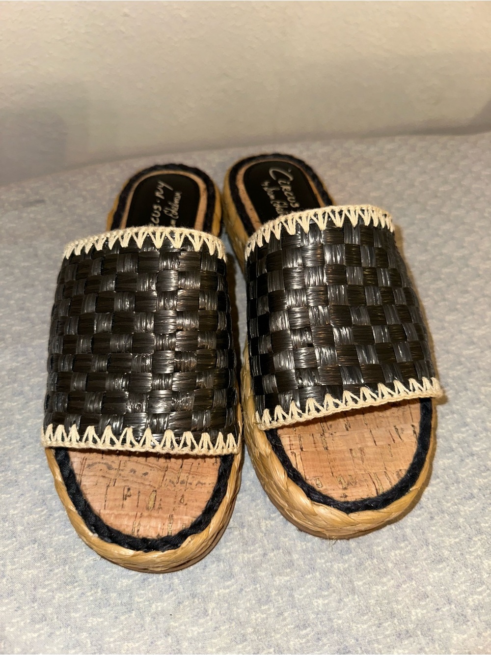 Circus by Sam Edelman Black Woven Slide Wedge Sandals with Natural Trim